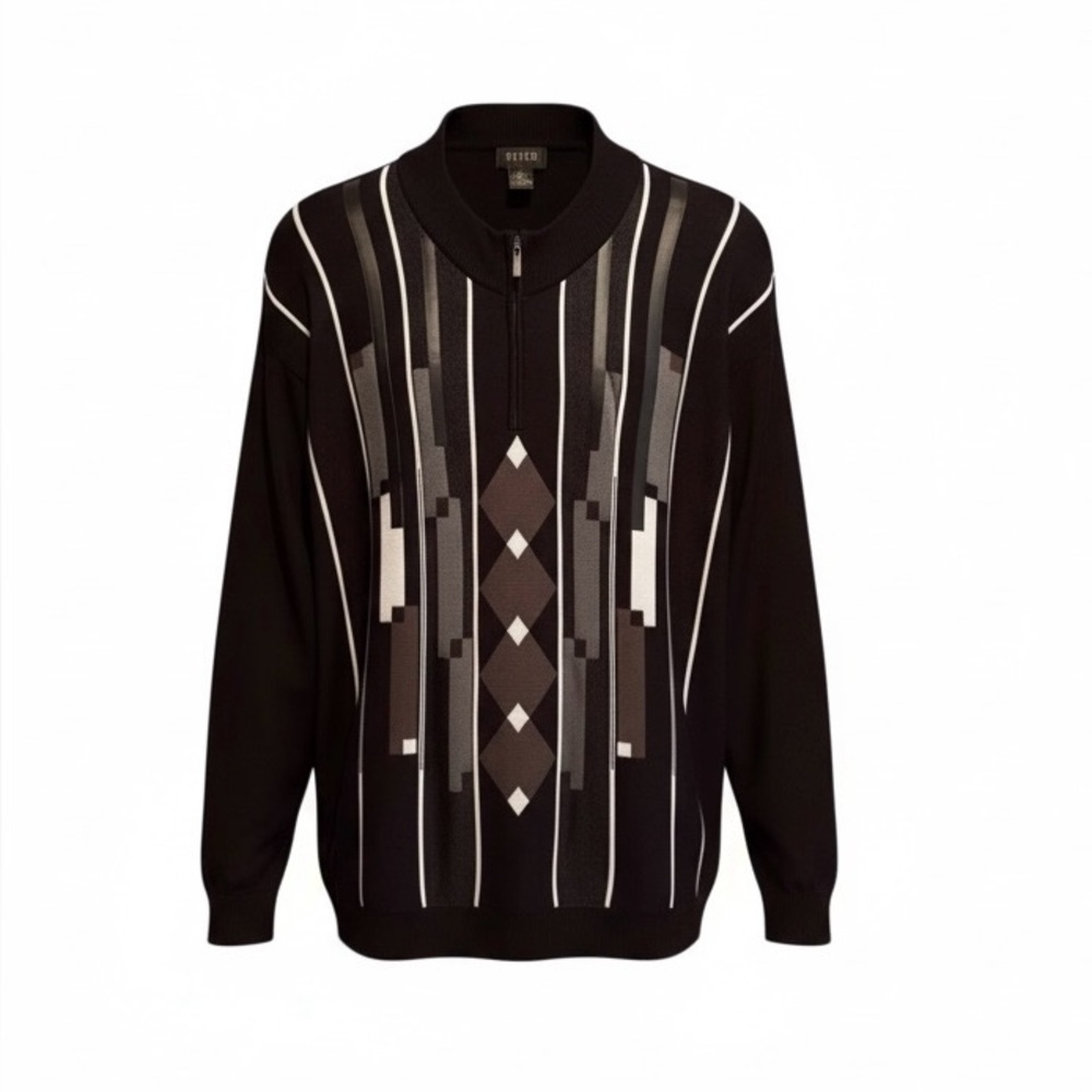 Miko Mens black geometric pattern wool blend sweater 5xl 1/4 zip up pullover